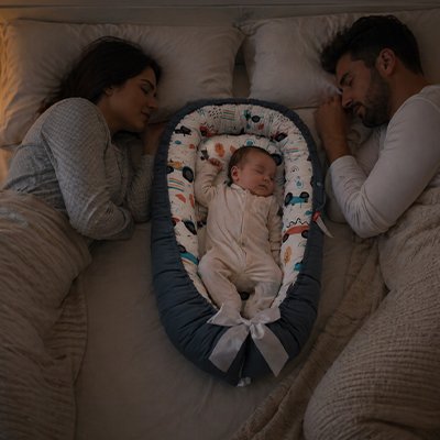 beau réducteur de lit bébé avec bébé endormi