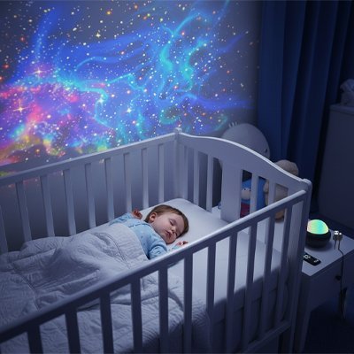 bébé dort avec veilleuse projection noire
