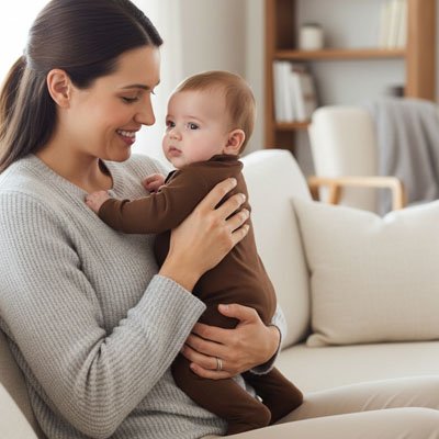 bébé en pyjama bébé garçon marron aux bras maman