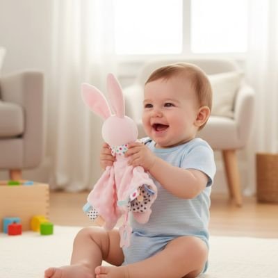 bébé sourit avec doudou bebe lapin