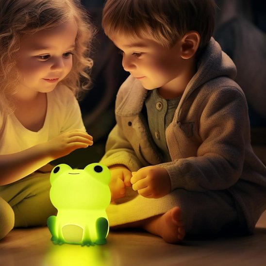 deux enfants avec veilleuse bebe grenouille