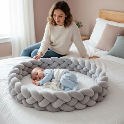 maman assise sur lit avec bébé endormi entouré de tresse de lit gris