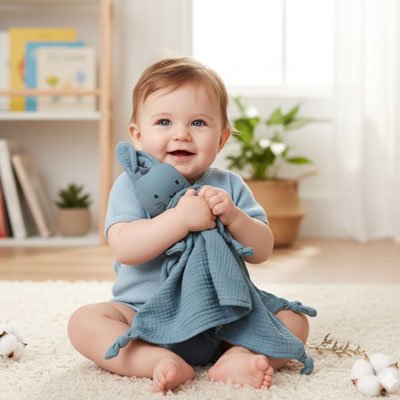 Doudou lapin bleu dans bras bébé 