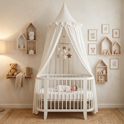 Joli ciel de lit bébé blanc féérique
