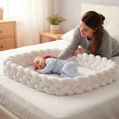 bebe dort maman le regarde radieuse avec tresse de lit blanche