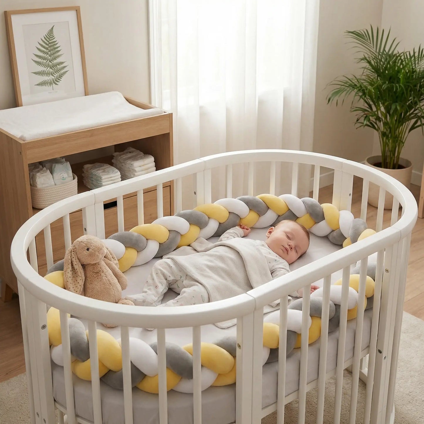 beau bebe dort joli tresse de lit jaune gris blanc