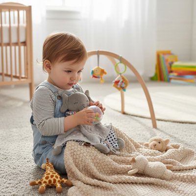 bébé assis joue avec doudou éléphant