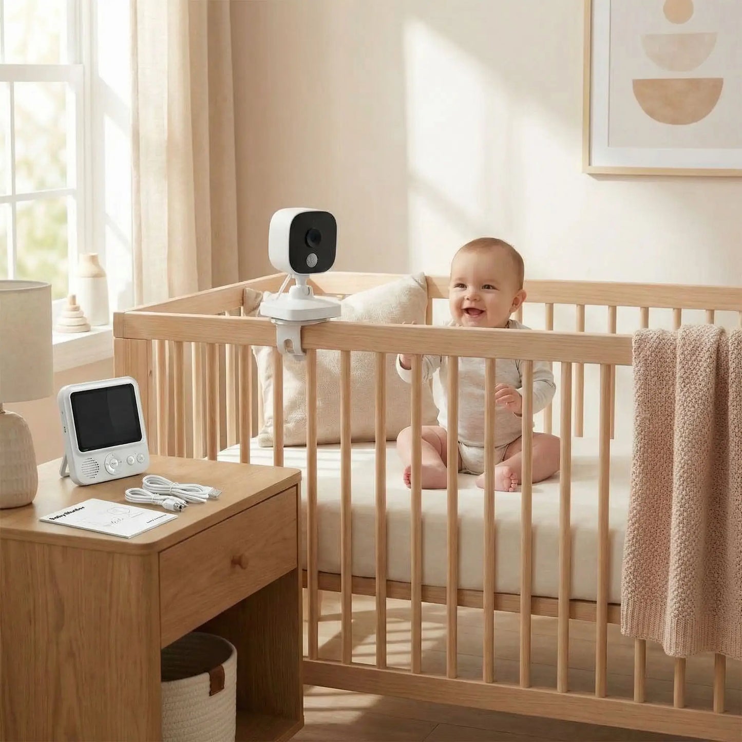bébé assis au lit souriant camera surveillance bebe suspendu 