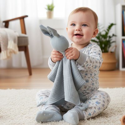 bébé assis avec doudou lapin bleu gris dans les mains