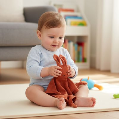  bébé assis avec doudou lapin marron dans les mains