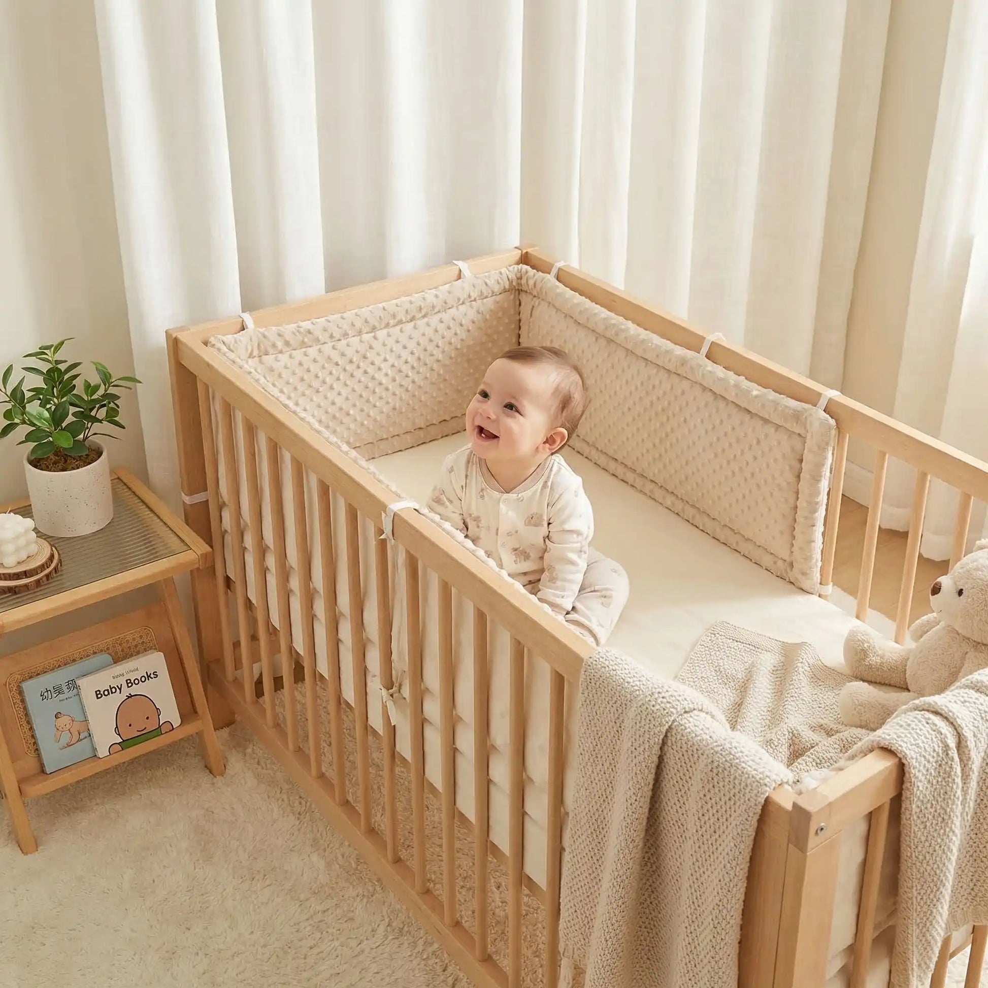 bébé assis lit avec tour de  lit bebe beige