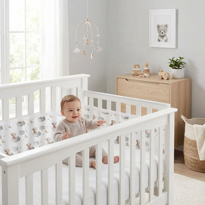 bébé assis lit avec tour de lit respirant ourson