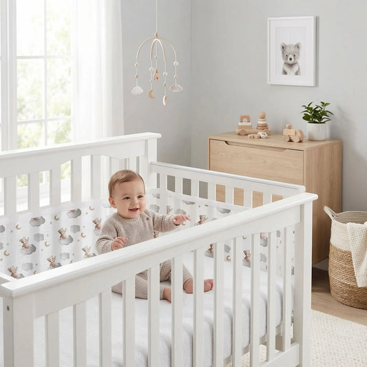bébé assis lit avec tour de lit respirant ourson