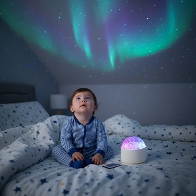 bébé assis lit regarde plafond étoilé effet veilleuse projection