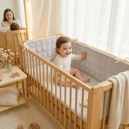 bebe assis lit touche tour de lit bebe maman sourit