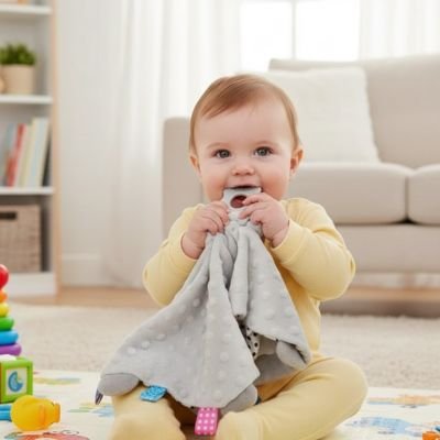 bébé assis mordille doudou bebe éléphant