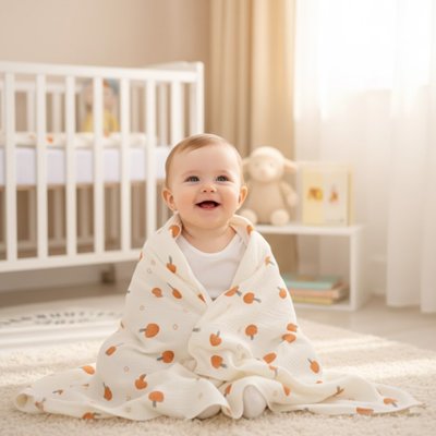 bébé assis souriant avec couverture bebe champignon