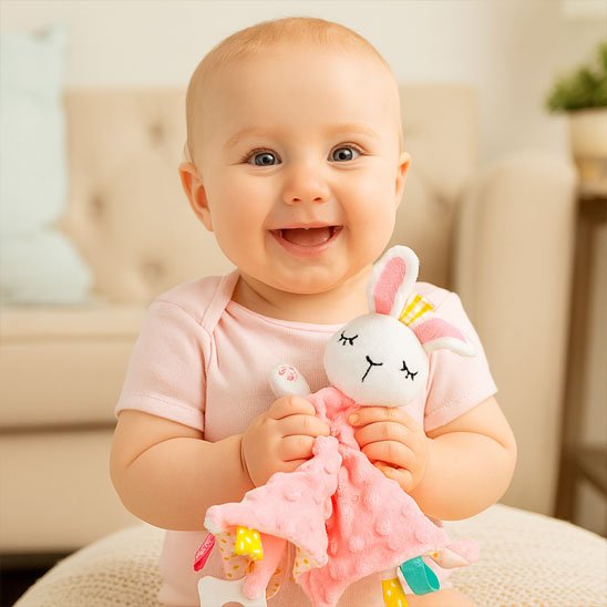 bébé assis souriant avec doudou bebe aux mains