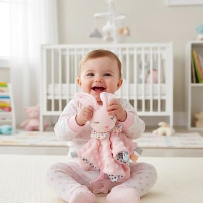bébé assis souriant tient doudou bebe lapin rose