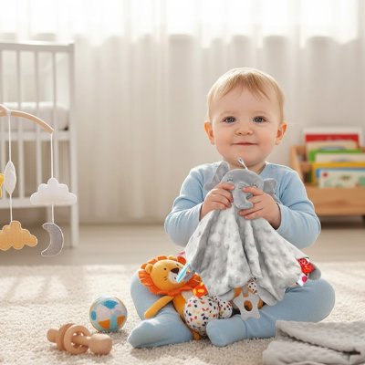 bébé assis tient doudou babar dans les mains