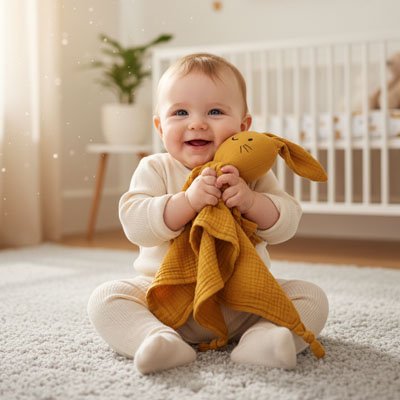bébé assis tient doudou lapin jaune moutarde