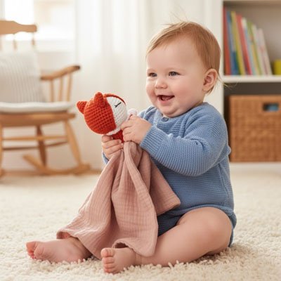  bébé assis tient doudou renard dans mains