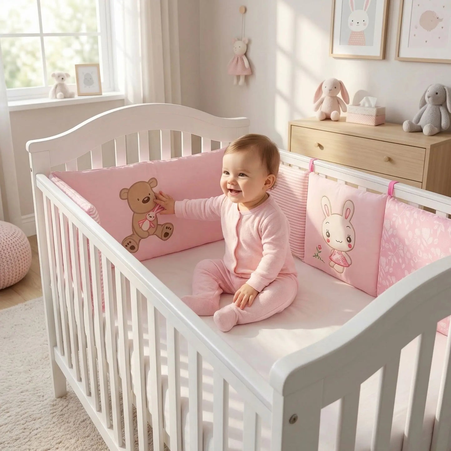 bébé au lit avec tour de lit rose