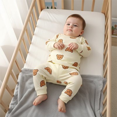 bébé au lit en pyjama bebe beige