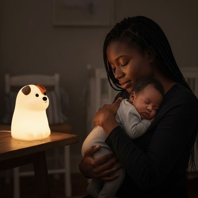 bébé aux bras maman avec veilleuse bébé chien