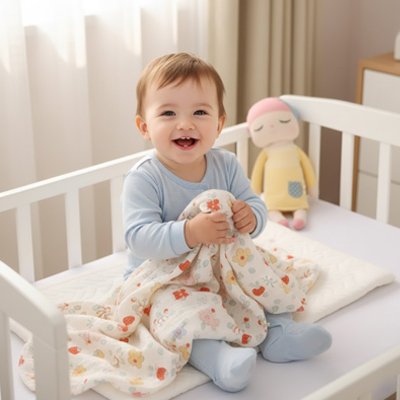 bébé dans lit avec couverture bebe fraises