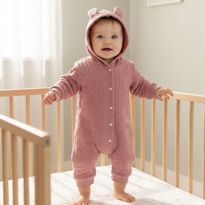 bébé debout en pyjama bebe rose poudre