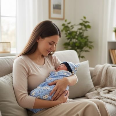 bébé dort aux bras maman avec couverture emmaillotage 