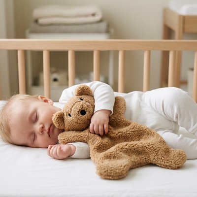 bébé dort avec doudou bébé garçon ourson