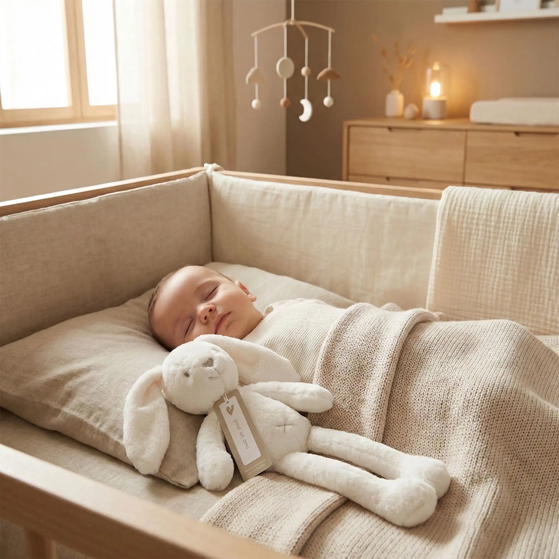 bébé dort avec doudou bébé lapin blanc
