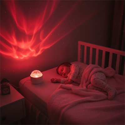 bébé dort avec lumiàre rouge tendre effet veilleuse projection