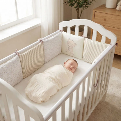 bébé dort avec tour de lit beige ourson
