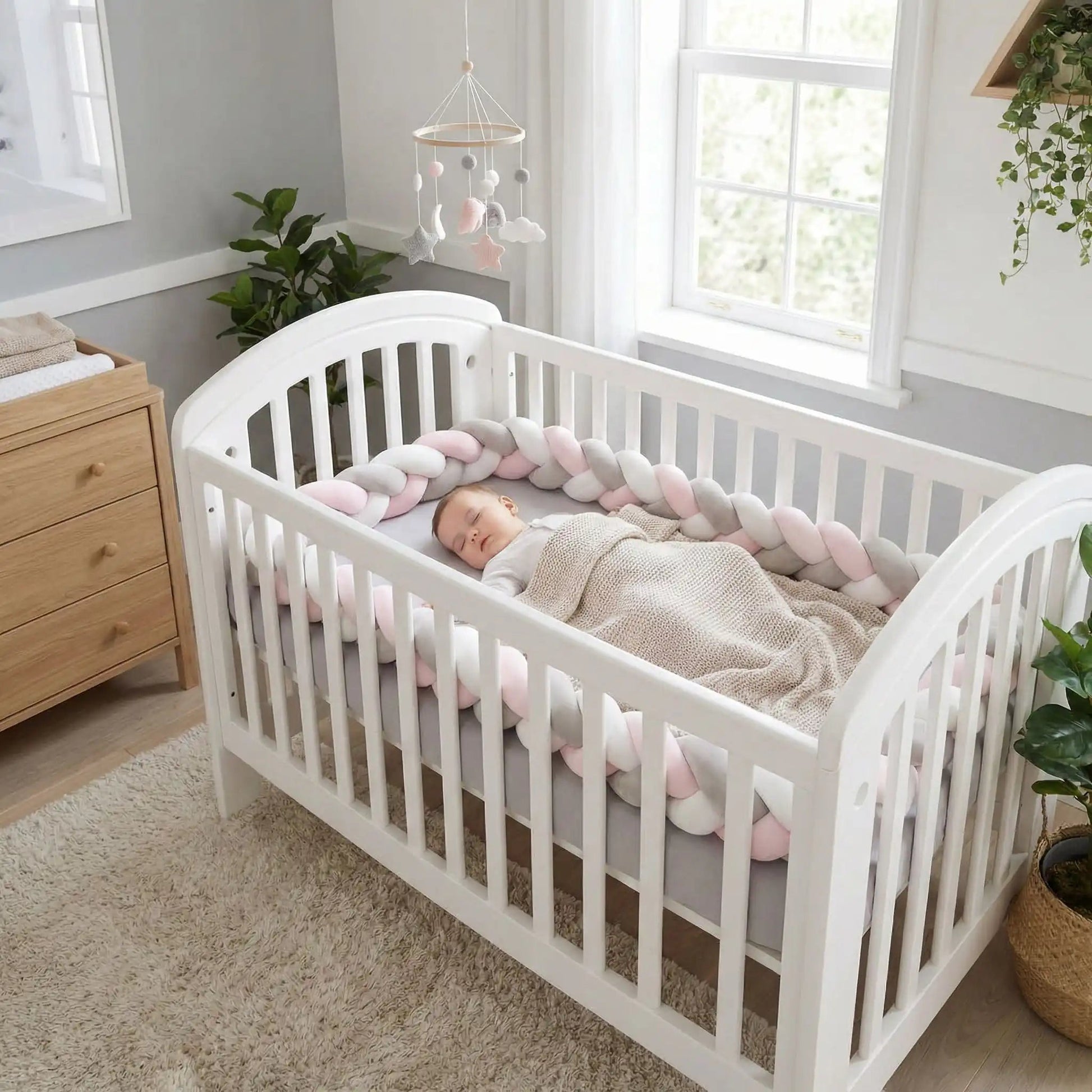 bebe dort dans lit avec tresse de lit rose gris blanc