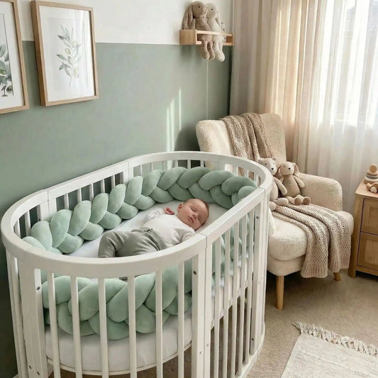 bebe dort dans lit entoure tresse de lit vert pastel