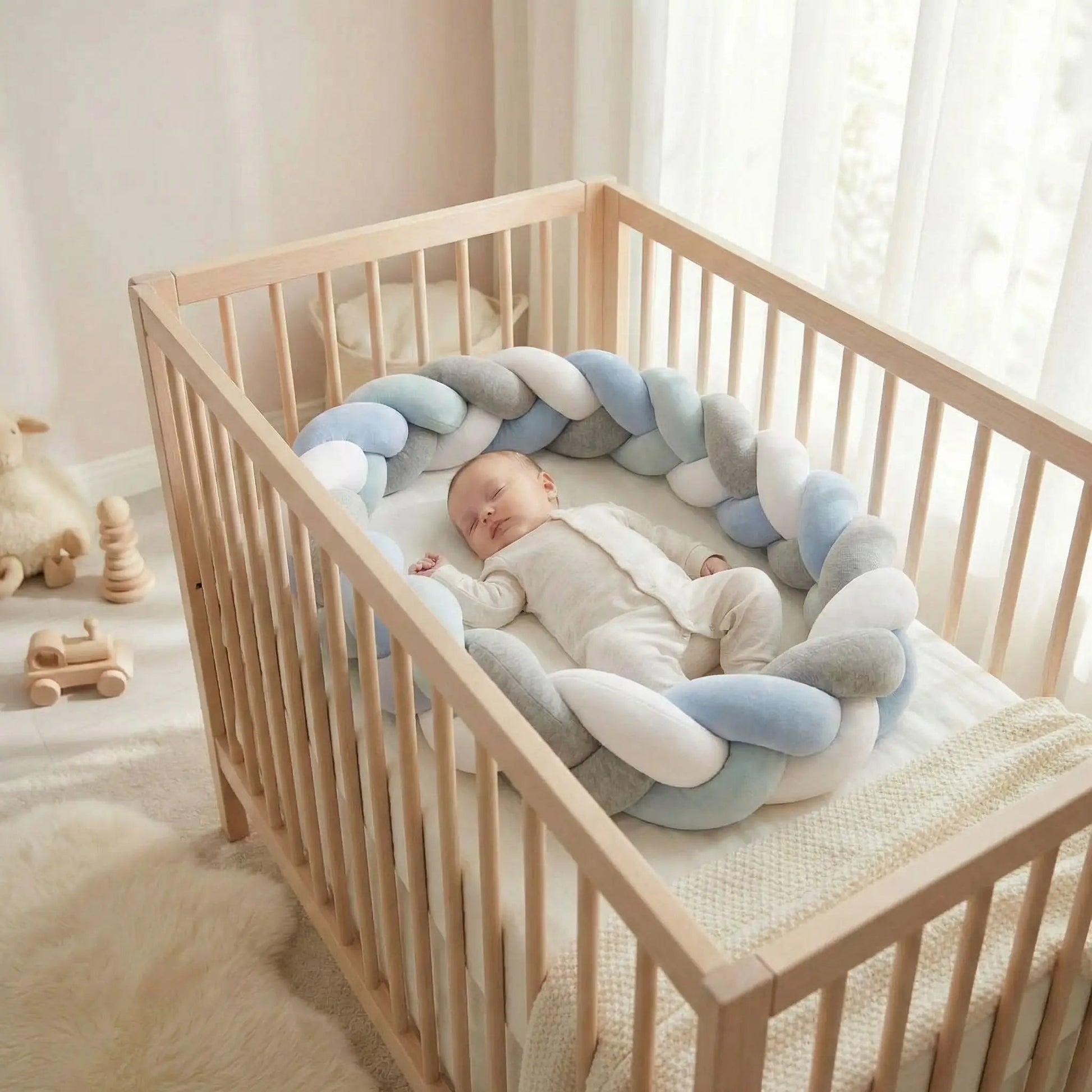 bebe dort dans lit tour de lit tresse bleu gris blanc 