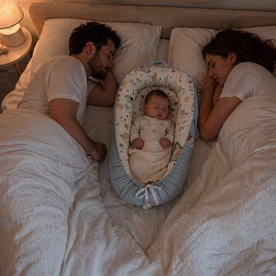 bébé dort dans réducteur de lit bebe bleu