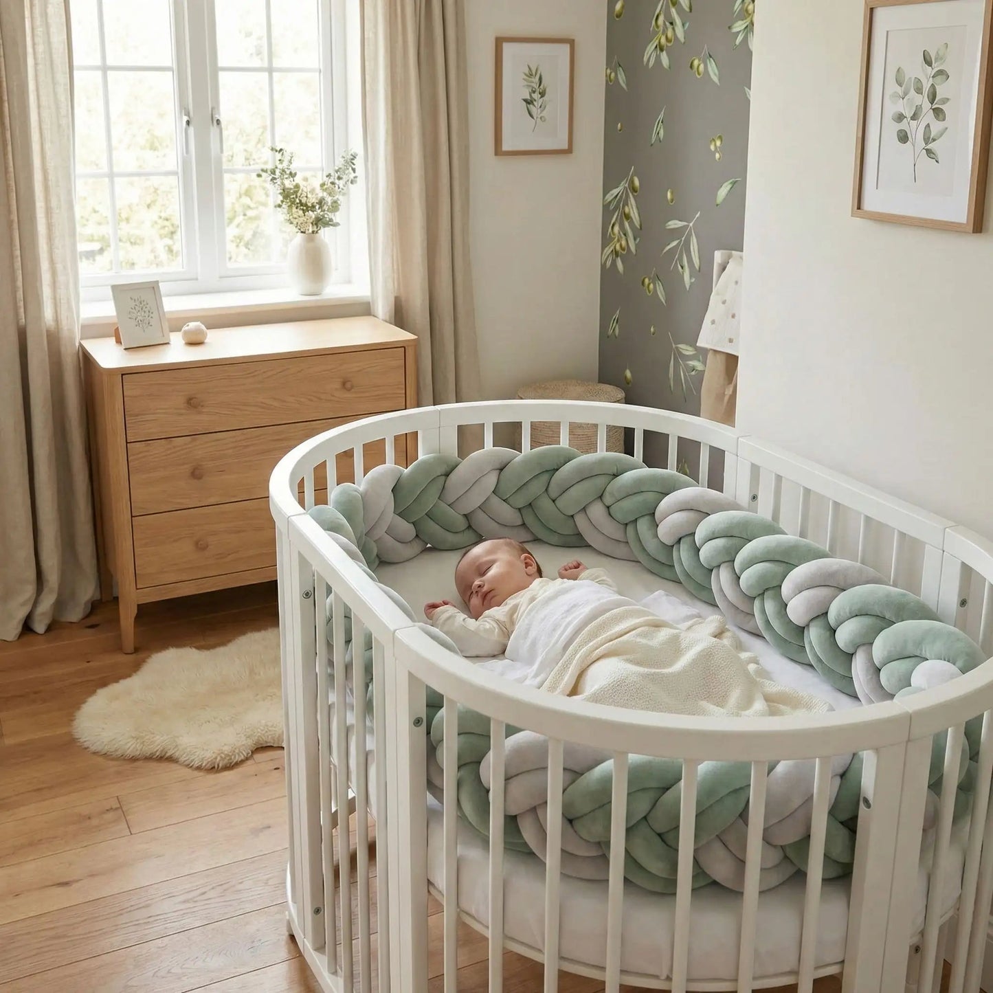 bebe  dort lit avec tresse de lit vert blanc