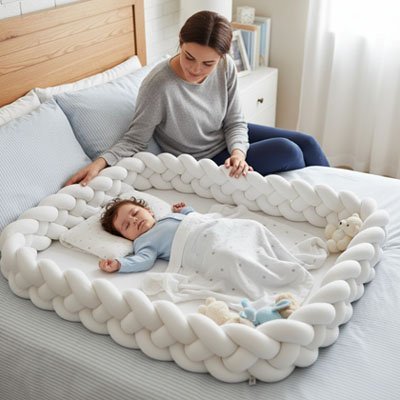 bebe dort maman le regarde radieuse avec tresse de lit blanche