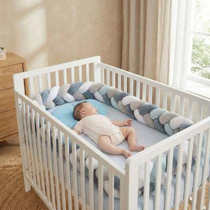 bebe dort paisible entoure tour de lit tresse bleu gris blanc