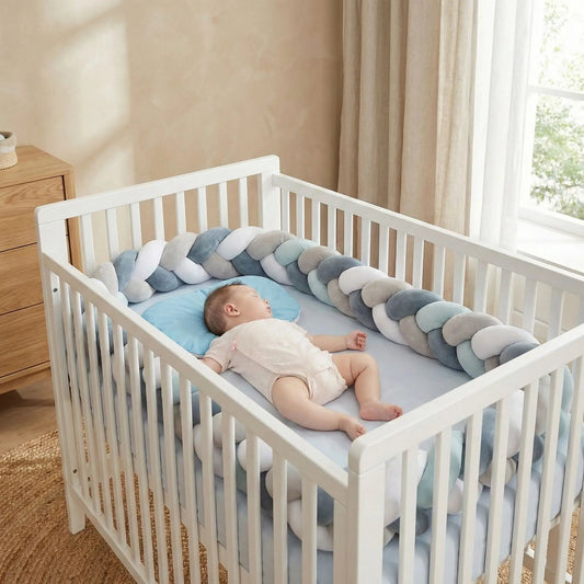 bebe dort paisible entoure tour de lit tresse bleu gris blanc