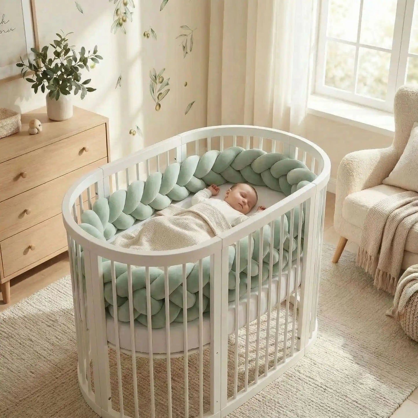 bebe dort paisible sa chambre avec tresse de lit vert pastel 