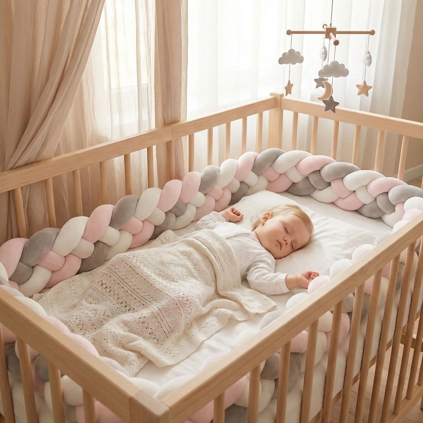 bebe dort paisiblement dans lit avec tresse de lit bebe rose grise blanche