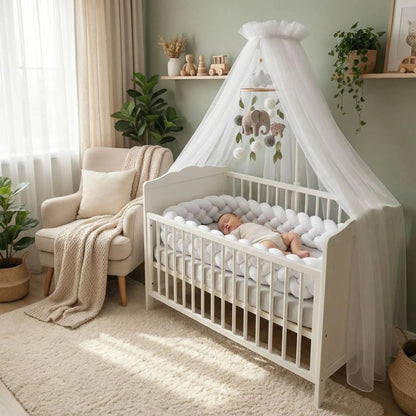 bebe dort sa chambre dans tour de lit tresse blanc