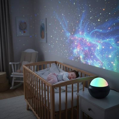 bébé dort avec veilleuse projection ciel etoilé