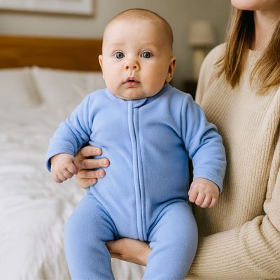 bébé en pyjama bebe bleu aux bras maman