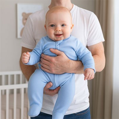bébé en pyjama bebe bleu aux bras papa